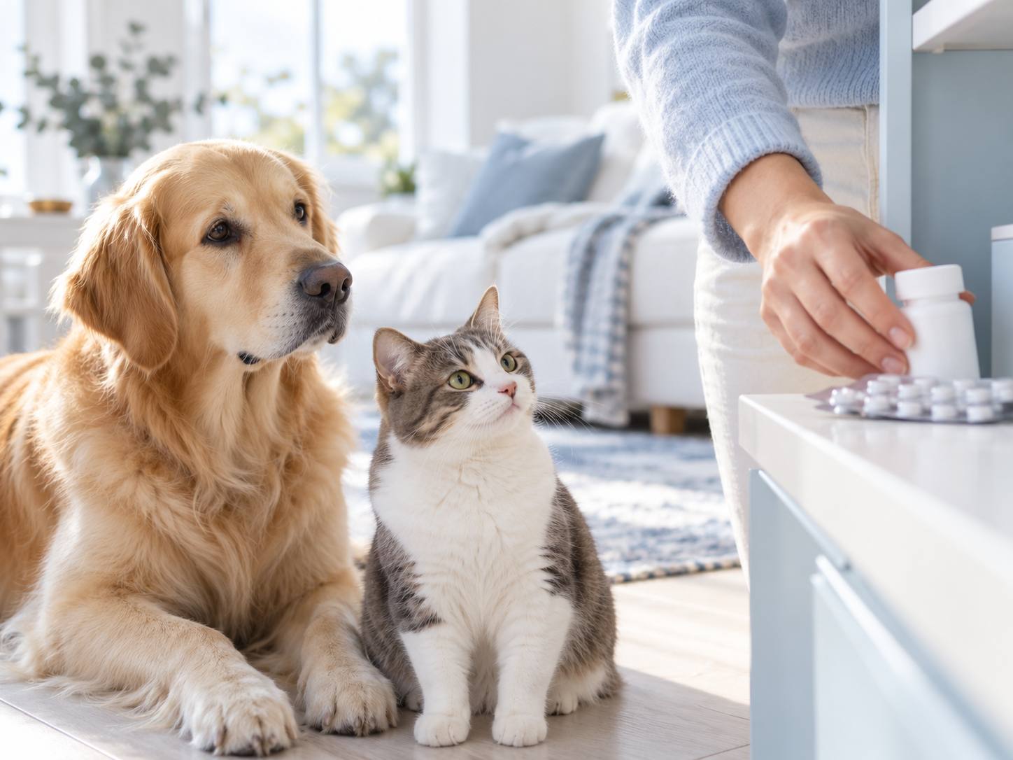 Un golden retriever et un chat assis côte à côte regardent une personne prendre un flacon de médicaments sur un meuble.