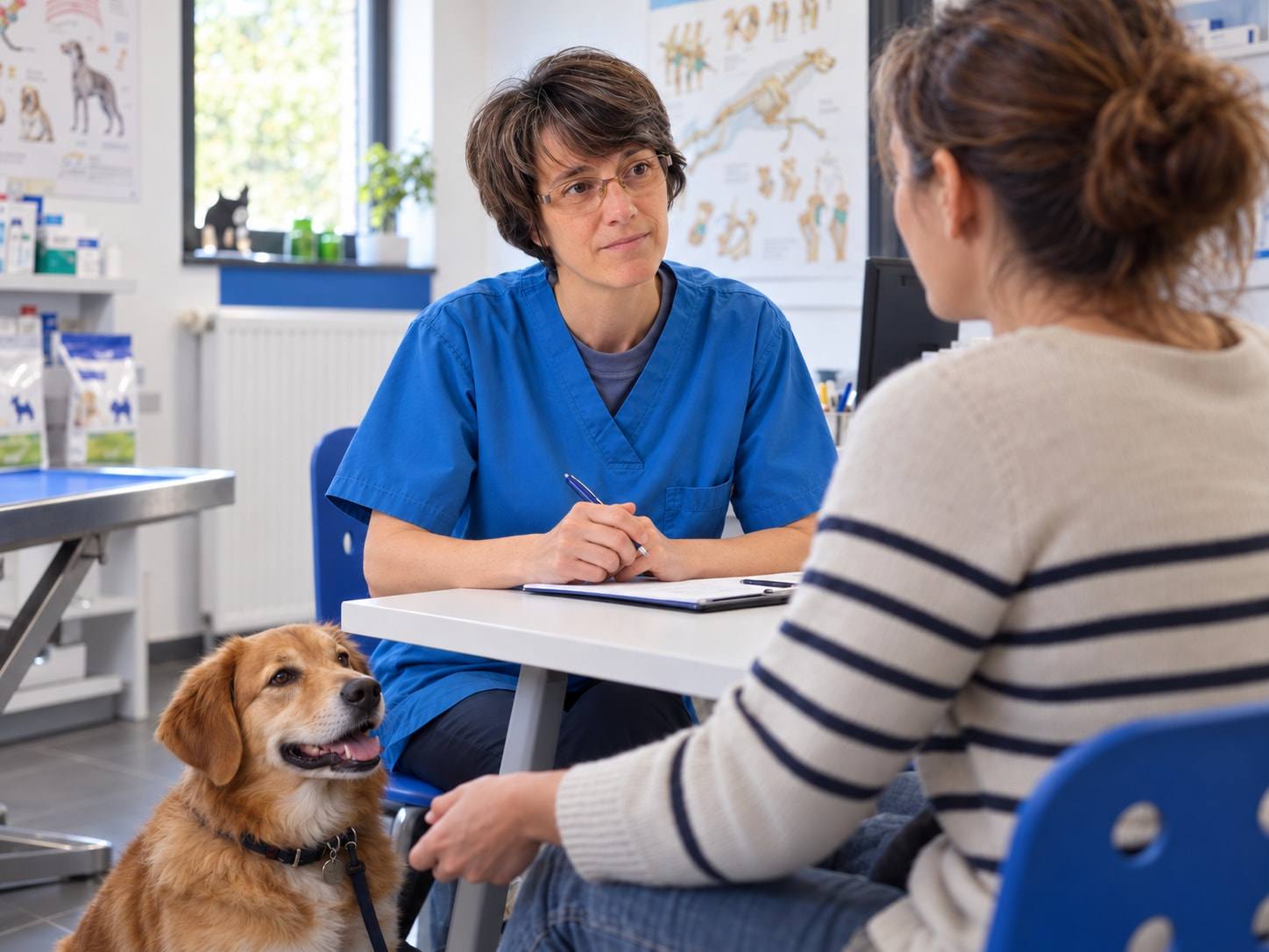 Marie, stylo en main, écoute une propriétaire assise face à elle ; un chien roux attend tranquillement à côté de la table.