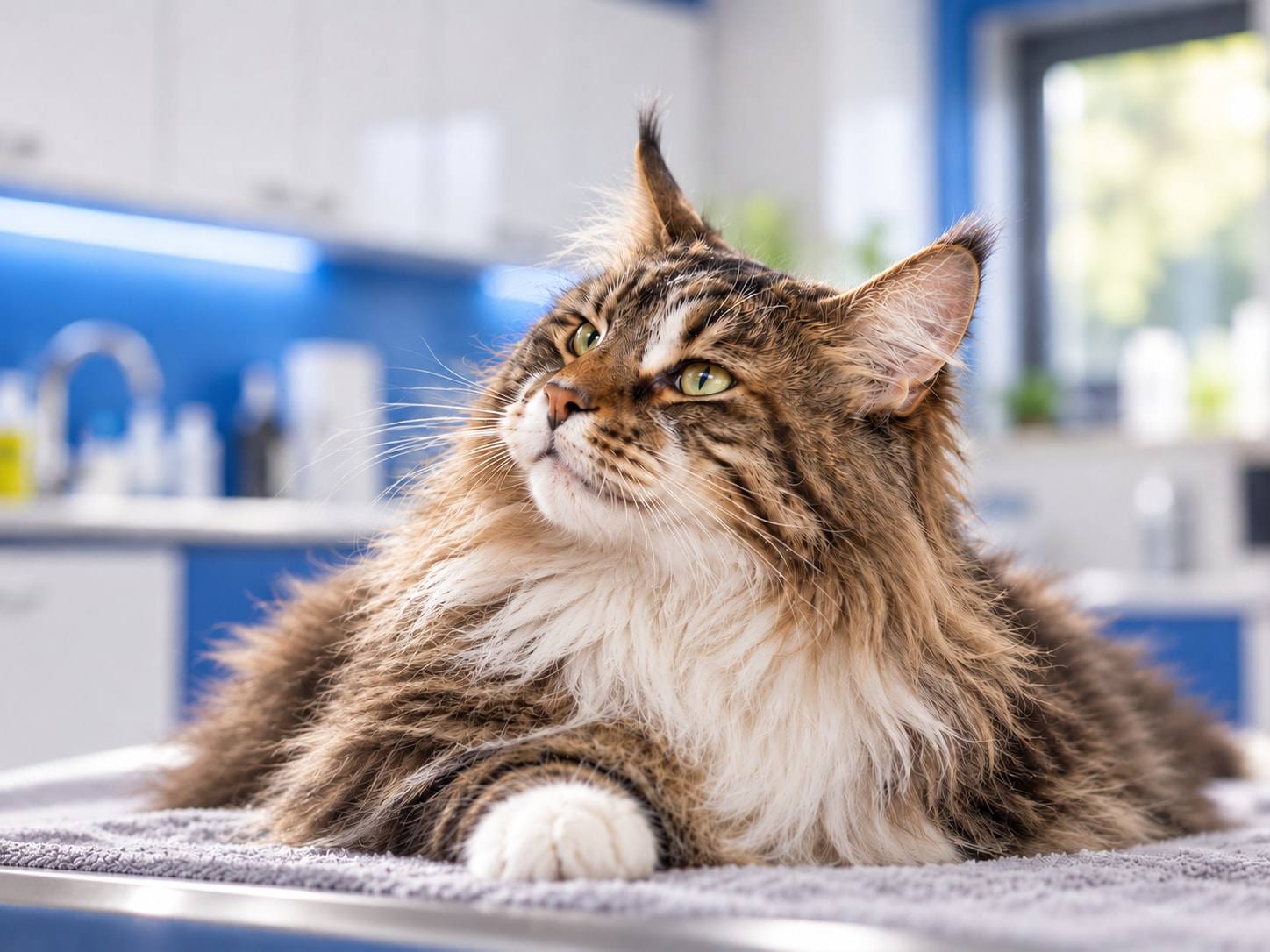 Un chat Maine Coon tigré, allongé et détendu sur une serviette, lève la tête sur une table d’examen.