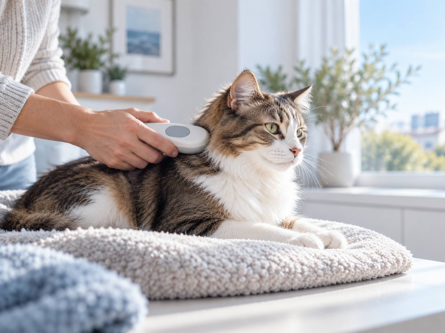 Une personne passe un lecteur de puce électronique sur le dos d’un chat couché sur un coussin.