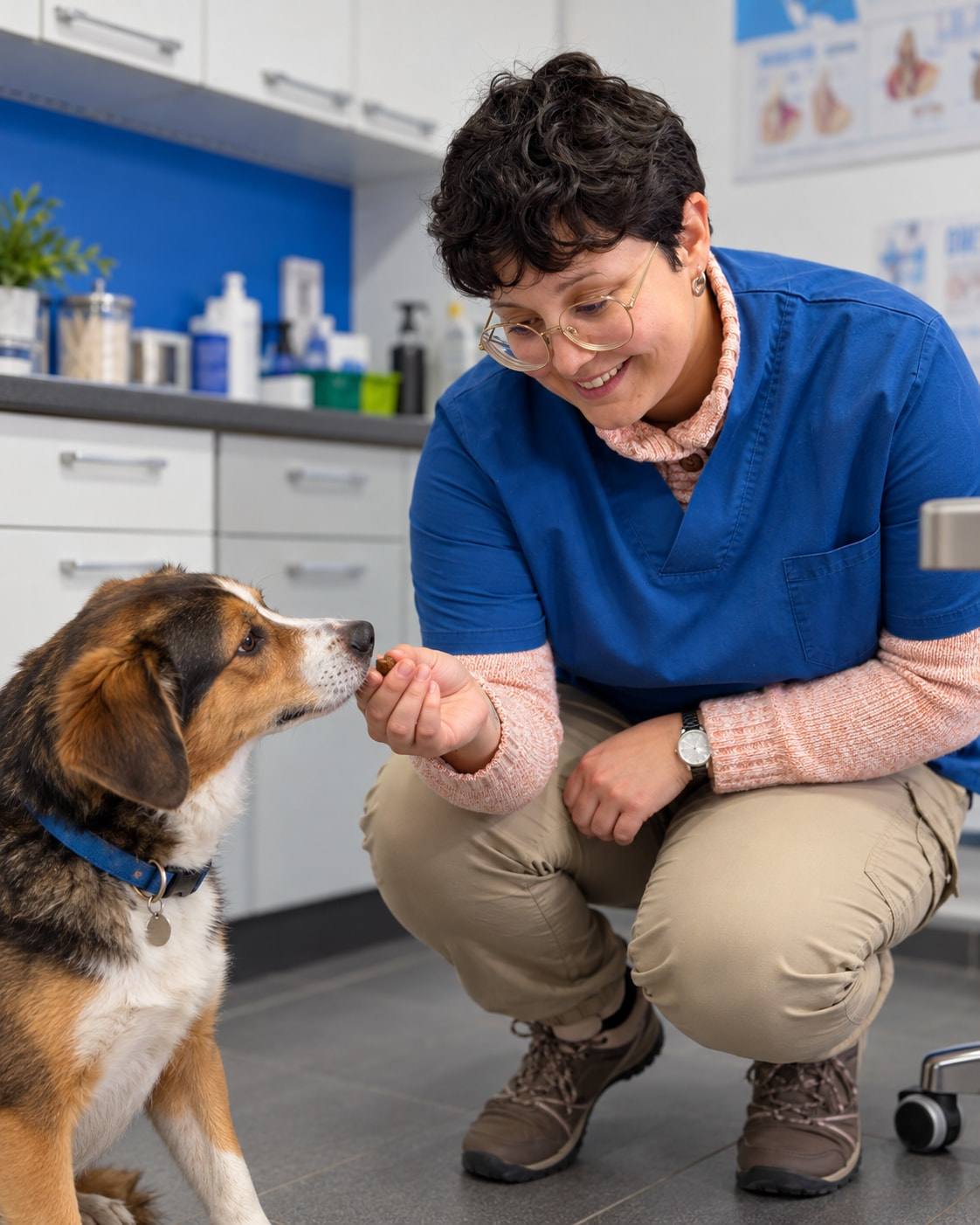 Madisson, accroupie, tend une friandise à un chien tricolore assis devant elle.