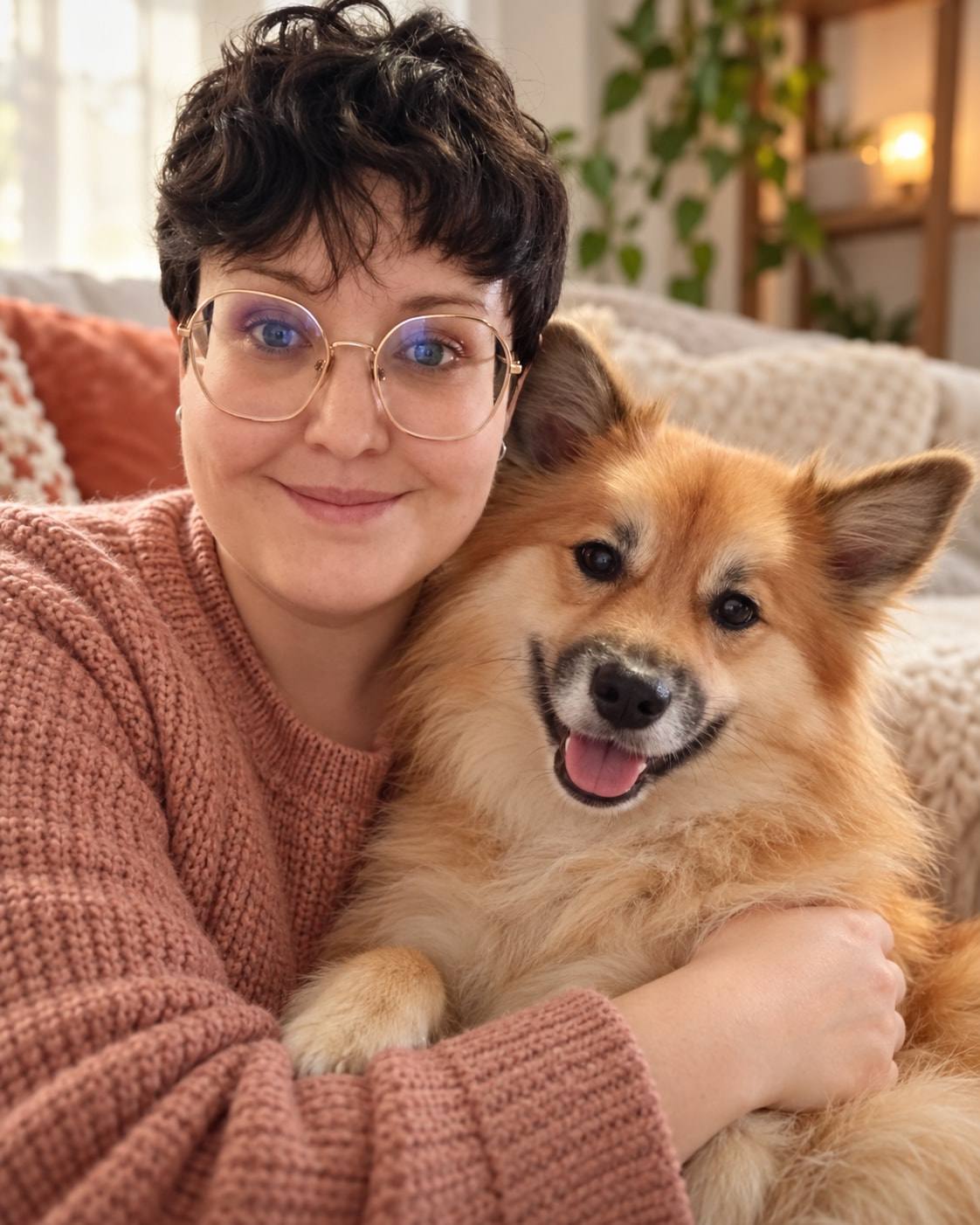 Madisson sourit, un chien roux au pelage touffu blotti contre elle.