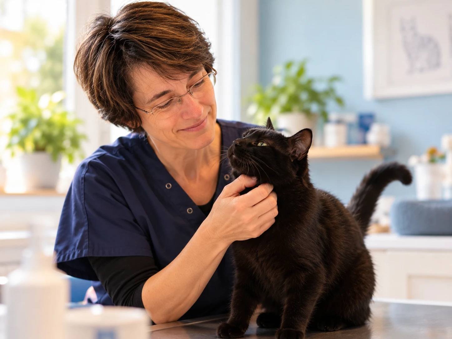Marie Decouvreur caresse Lucky, le chat noir du cabinet, assis sur la table de consultation.