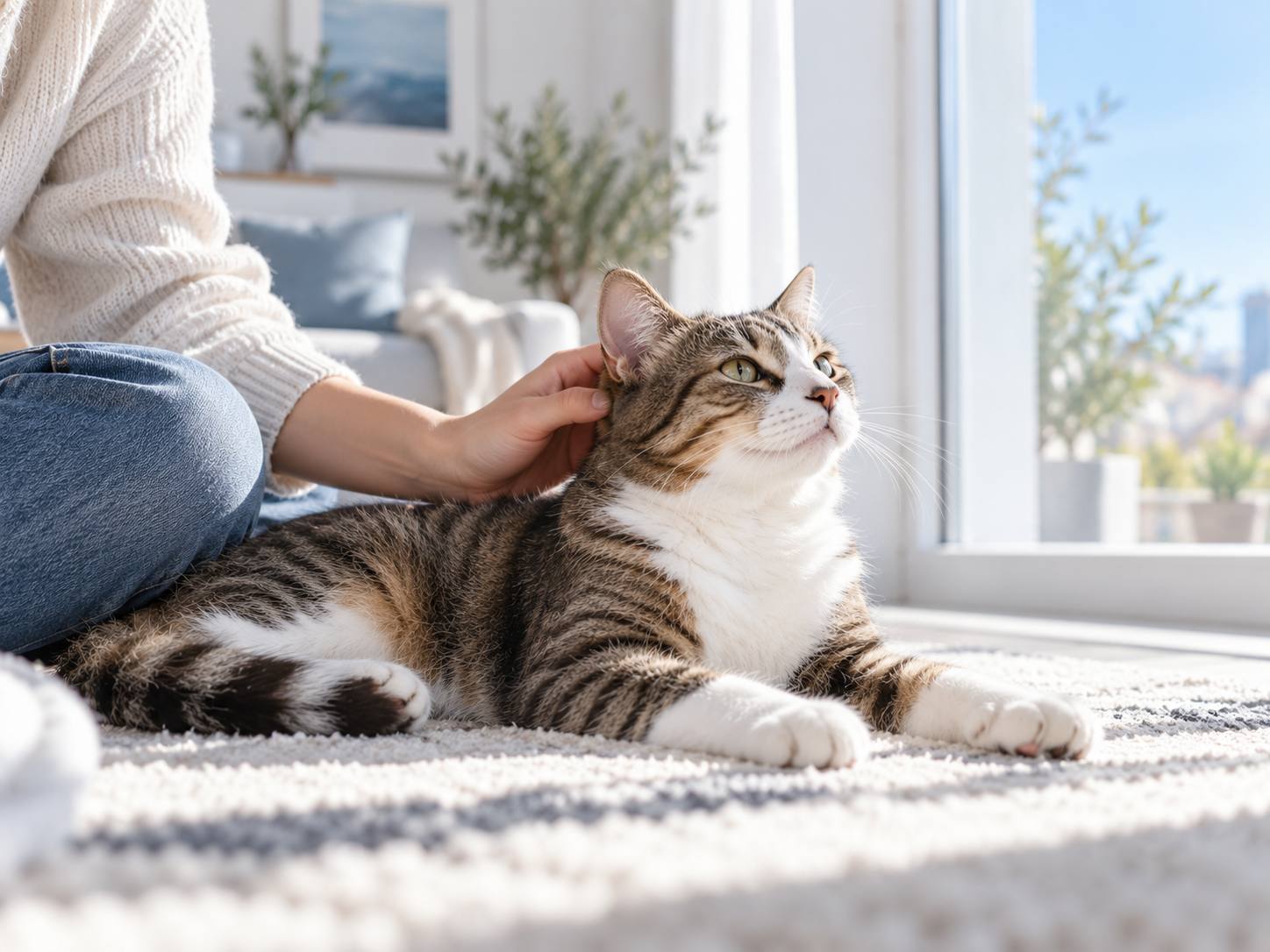 Un chat tigré et blanc, détendu sur un tapis, se laisse caresser la tête.