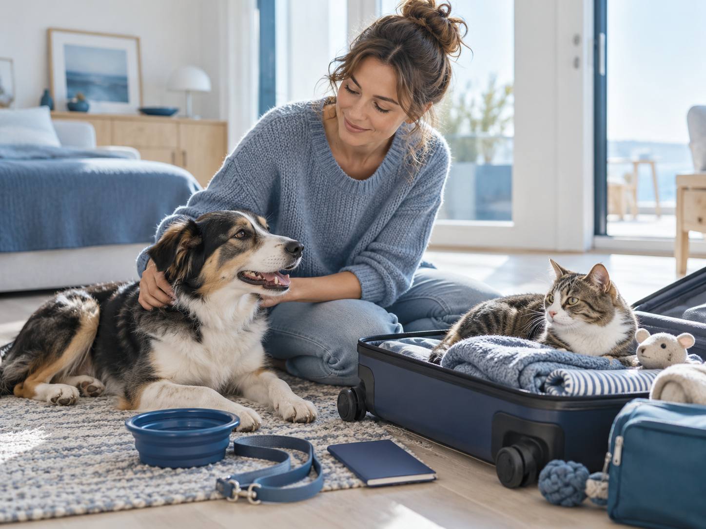 Une femme assise par terre caresse un chien, à côté d’une valise ouverte où s’est installé un chat.