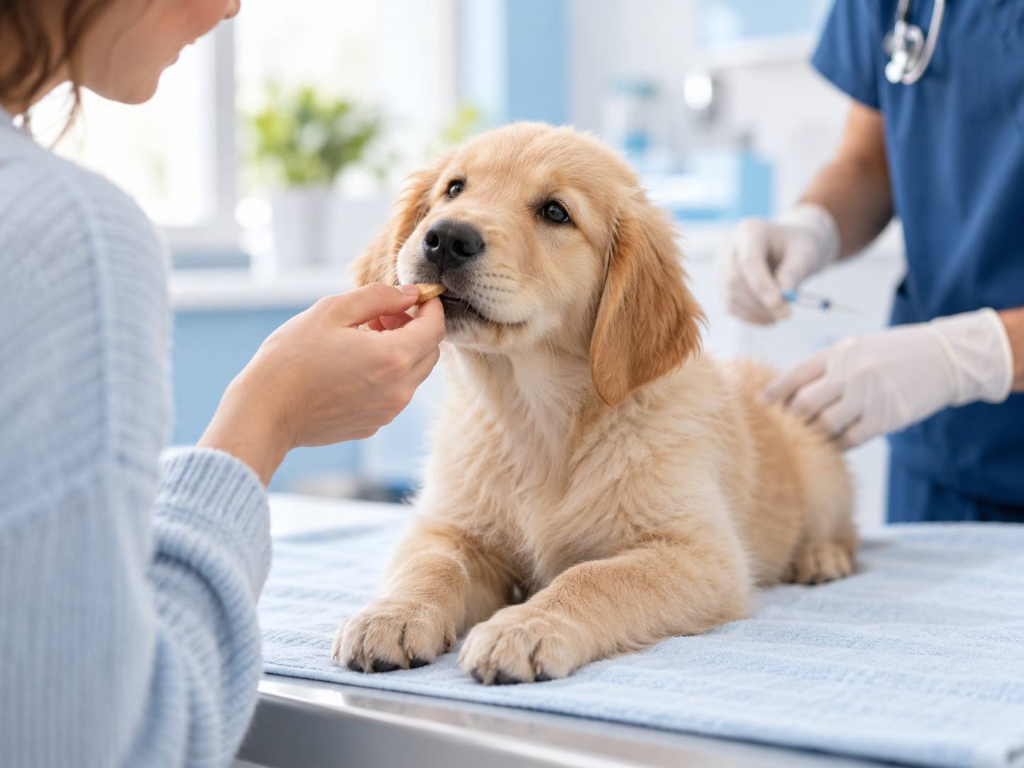 Un chiot golden retriever reçoit une friandise pendant qu’une personne en tenue de soin prépare une injection.