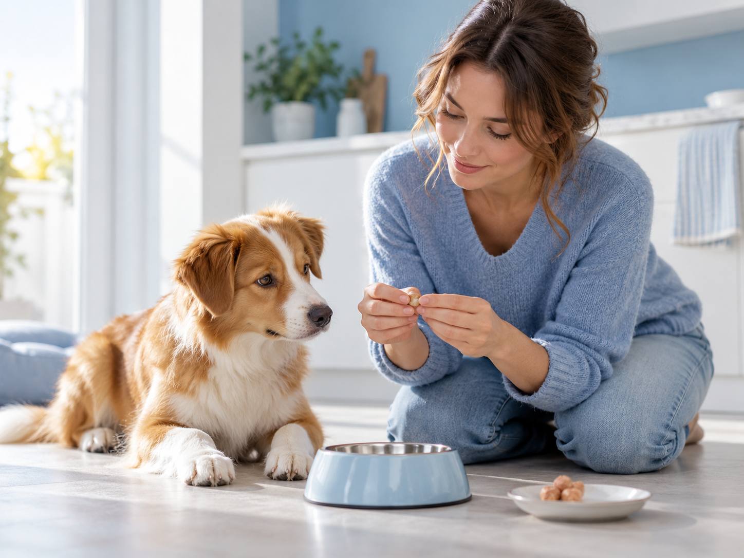 Une femme agenouillée tend une friandise à un chien couché près de sa gamelle.